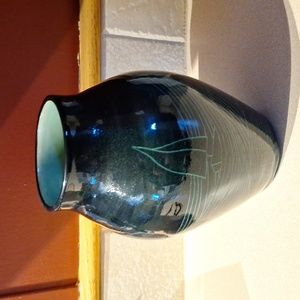 #ACR Pottery vase green with a picture of a sail boat in heavy seas.